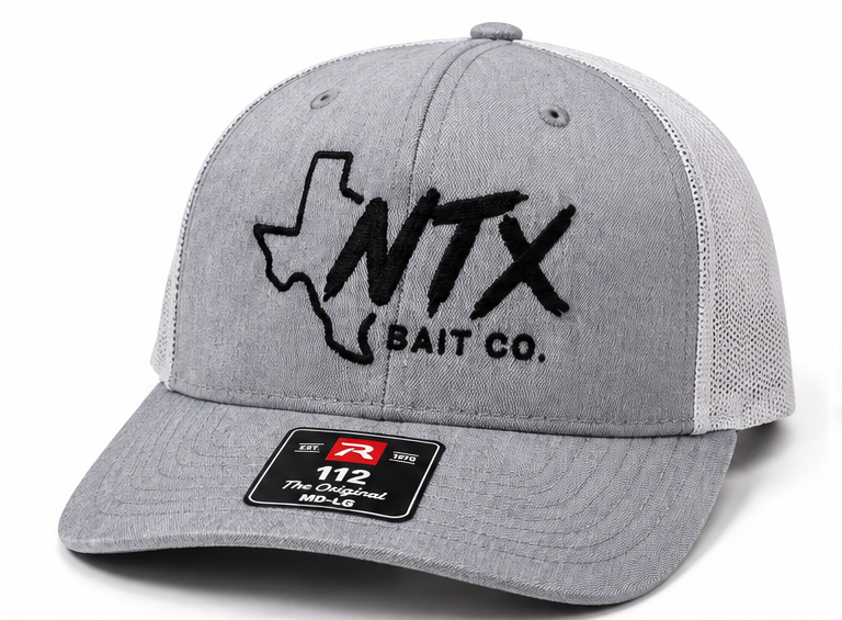 Gray and white Richardson 112 NTX Bait Co. logo trucker hat